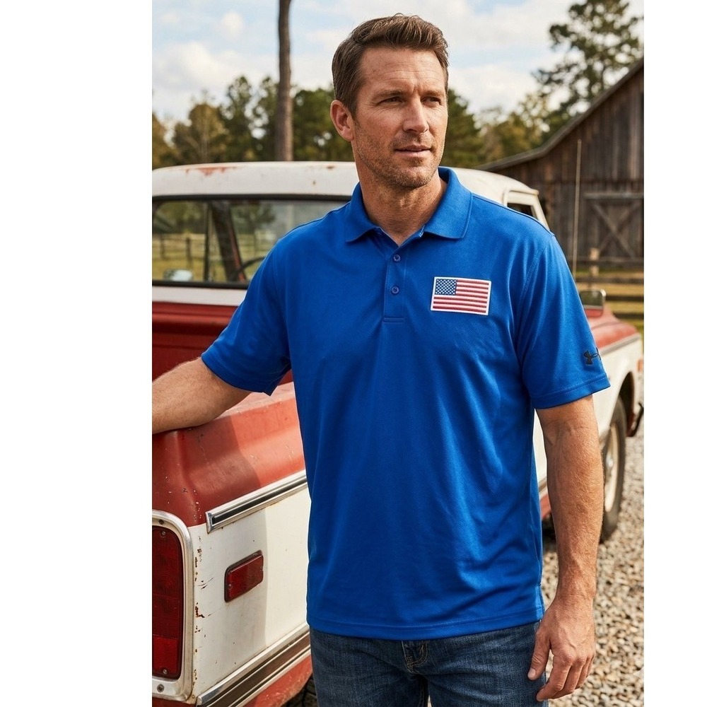 Under Armour Tech Freedom Polo Shirt Mens XL Loose Blue USA Flag Patch NEW